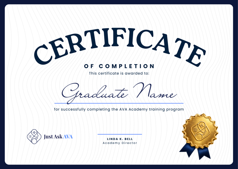 Just Ask AVA Academy certificate of completion