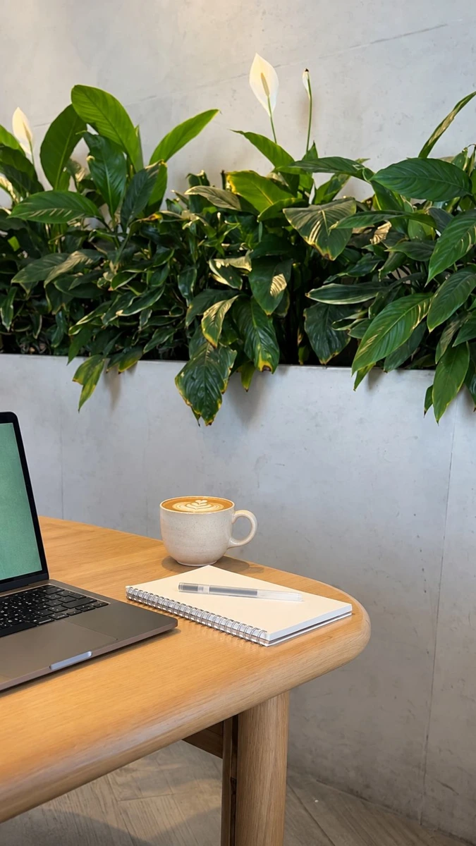 An organized workspace with a laptop and coffee